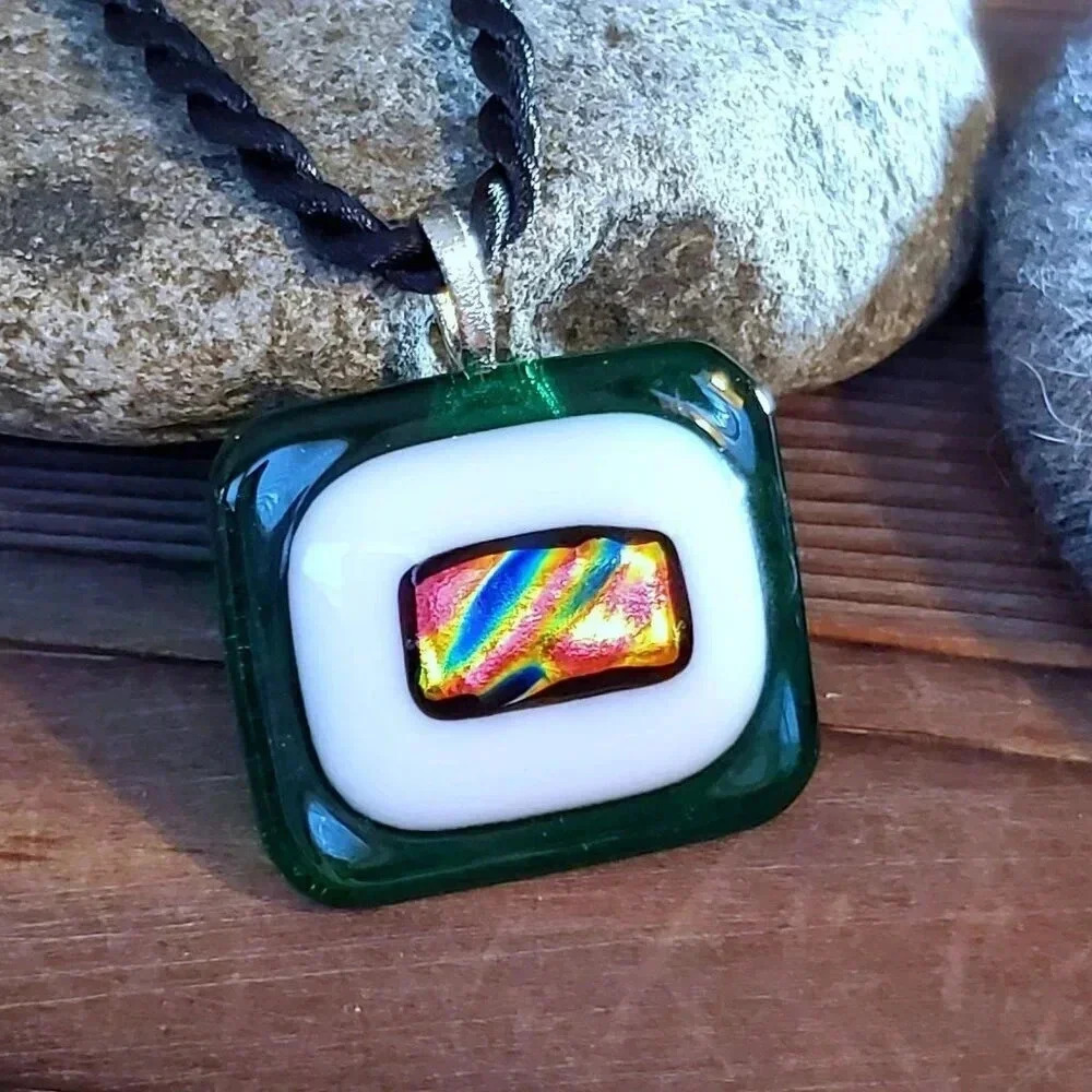 Artisan Green White Black Multi Fused Dichroic Glass Rectangle Pendant Necklace